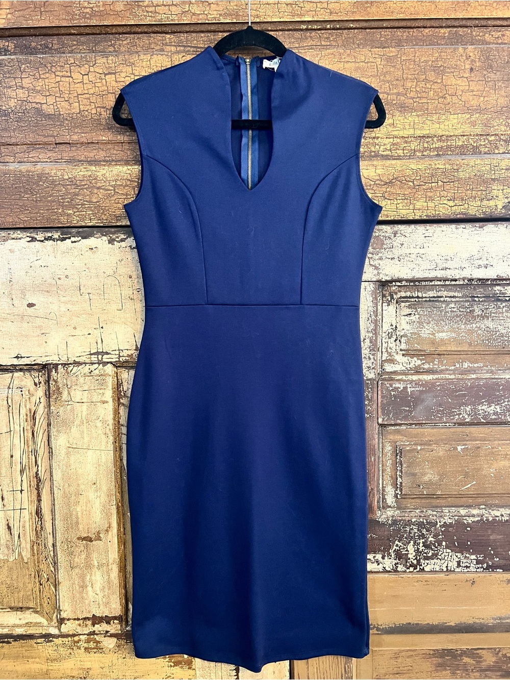Rollacoaster Navy Sheath Dress Gold Zip V Neck Midi Dress Size Large